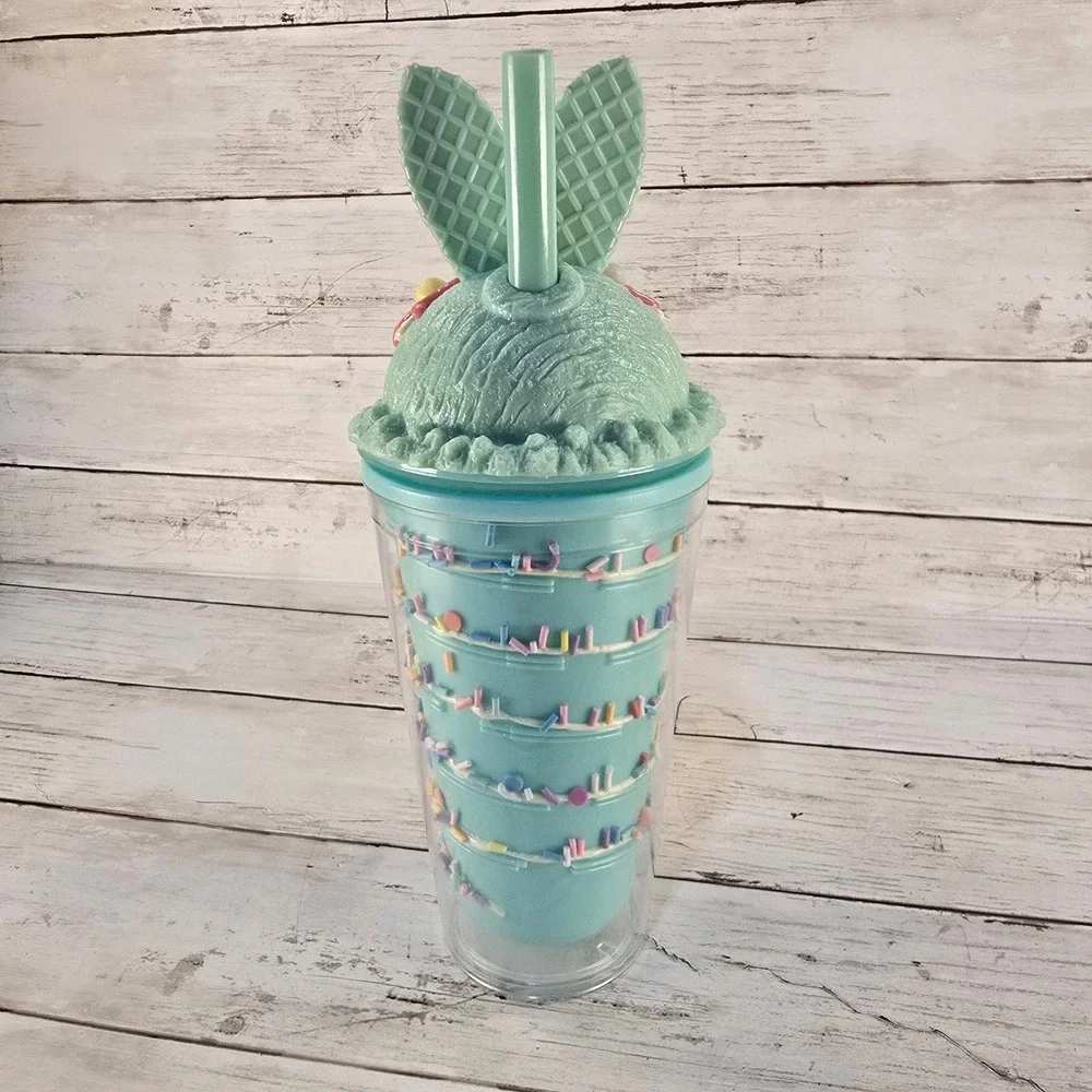 Teal‎ Blue Ice Cream Sundae Mermaid Tail Acrylic Double Wall Tumbler with Straw